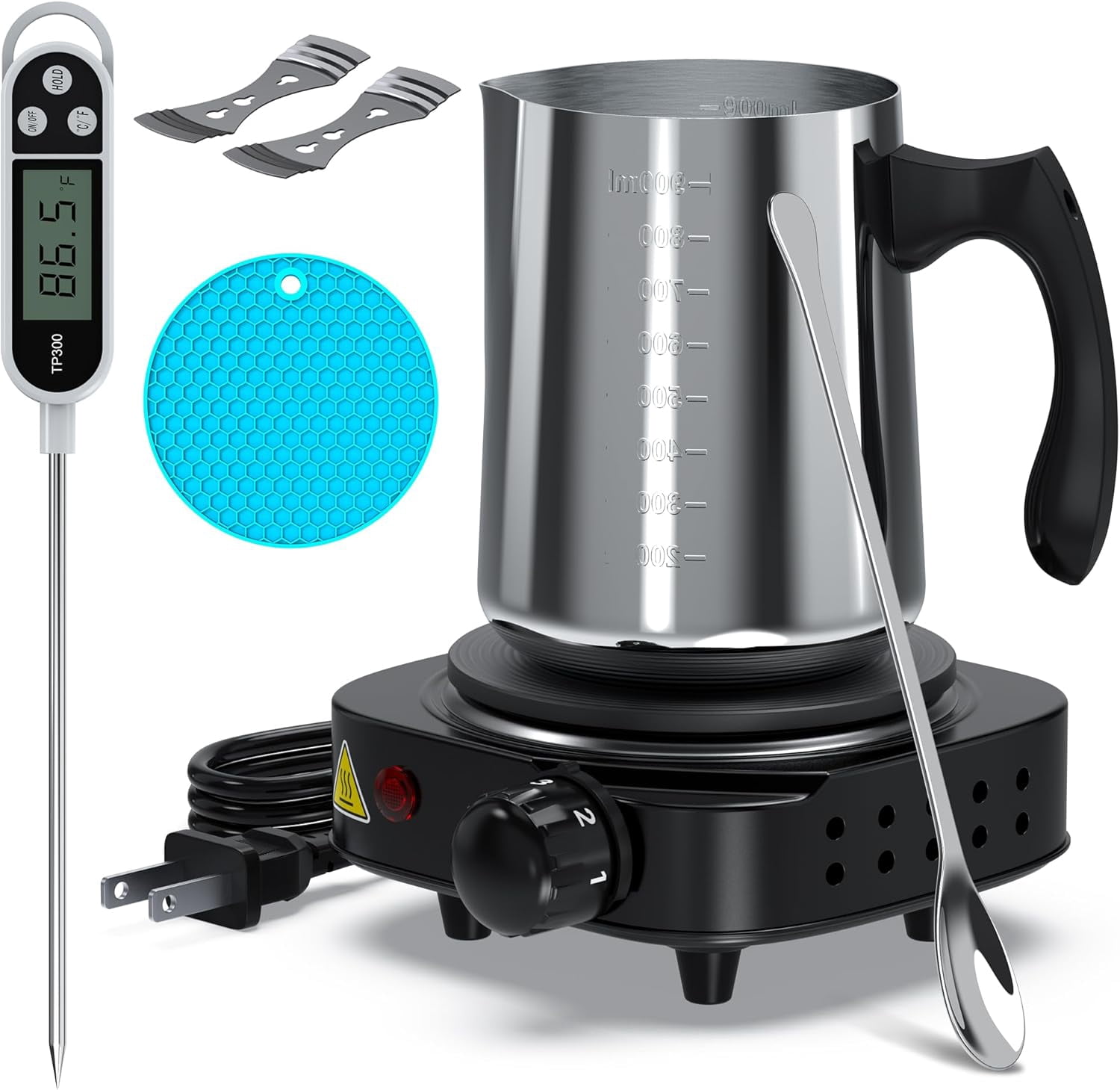Candle Making Kit with Electronic Hot Plate, Candle Making Kit for Adults, DIY Starter Candle Making Supplies, with 900ml Candle Make Pouring Pot, Stirring Spoon, Wicks Holder, Thermometers