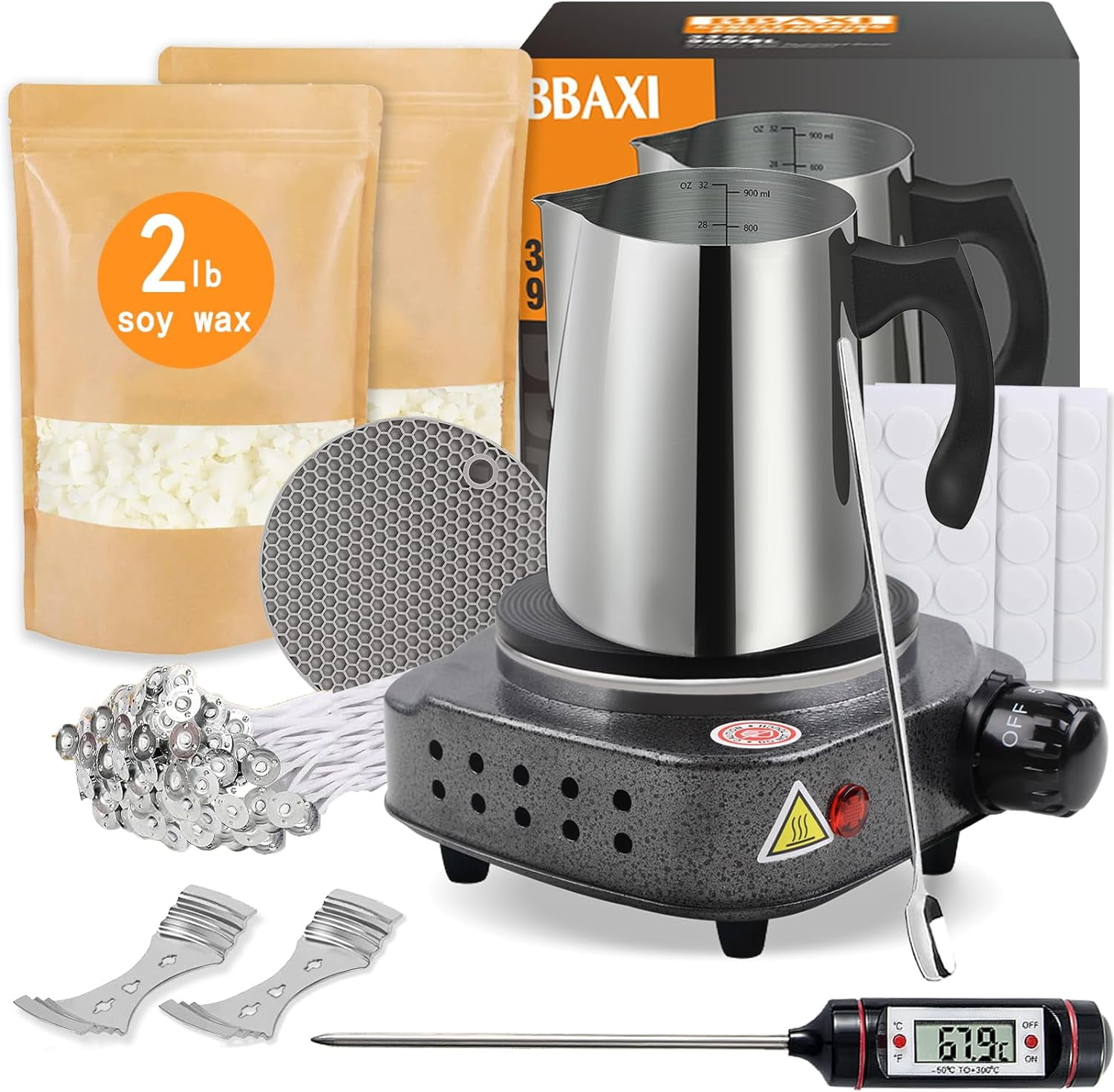 ABK Candle Making Pouring Pot Kit - 2.5LB Pitcher, Wick Tools, Spoon, 20 Wicks | Beginner Candle Kit