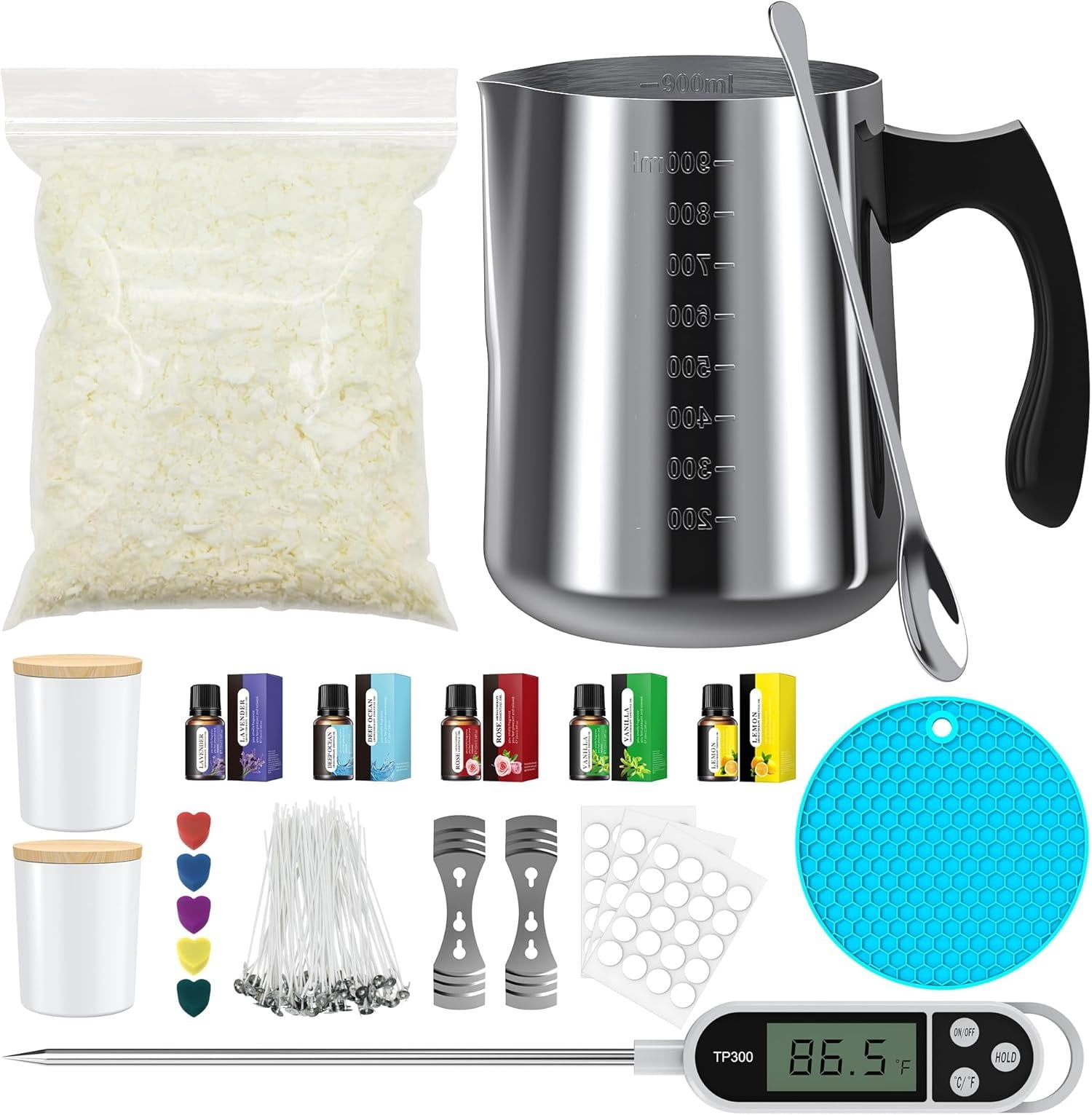 Candle Making Kit Supplies, Soy Wax DIY Candle Making for Adults, with 900ml Candle Make Pouring Pot,Candle Jar Candle Wicks, Wicks Sticker, Wicks Holder, Thermometers