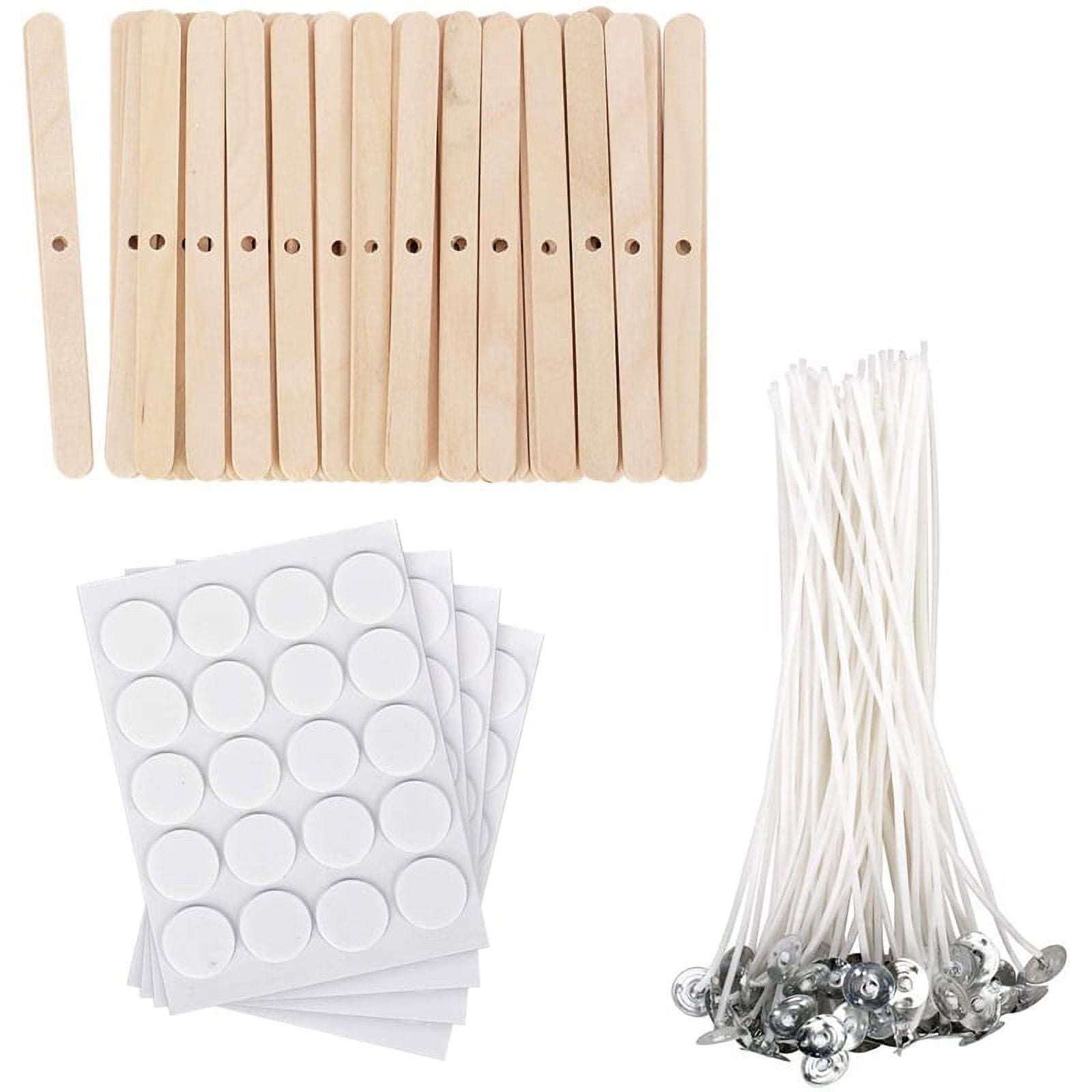 Ibeedow Candle Wicks 100 Pcs with 60Pcs Candle Wick Stickers and 10 Pcs  Wooden Candle Wick Centering Device for Soy Beeswax Candle Making (6inch) 