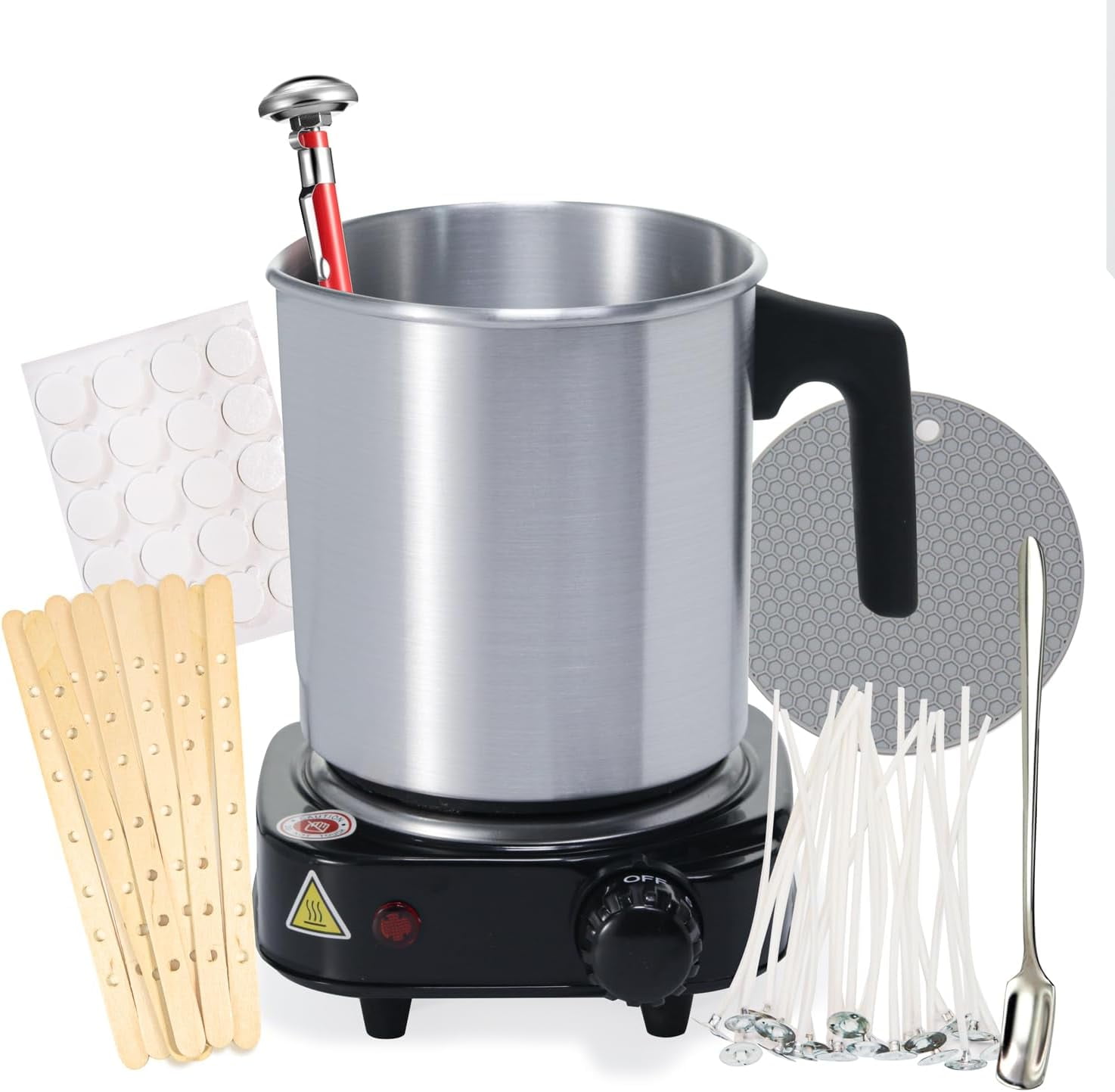 Candle Making Kit with Wax Melter 40 oz Double Boiler Melting Pot Thermometer Wick Centering Device Hot Plate and Supplies for Beginners