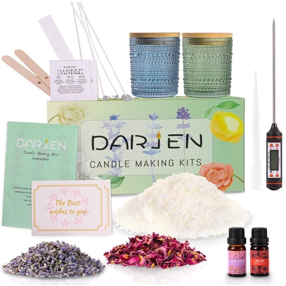 Candle Making Kits for Beginners, DIY Starter Scented Candles Kit - 2 Glass Jars(Blue, Green), Soy Wax, Scented, Card & More, Full Supplies Set Perfect Gifts