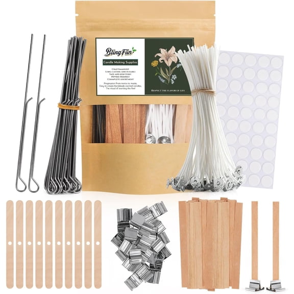 Candle Making Supplies Kit - Natural Cotton & Wooden Wicks with Stickers, Sustainers, Holders for Soy Wax, Beeswax, Coconut Wax DIY Candle Making Supplies (Pack of 6)