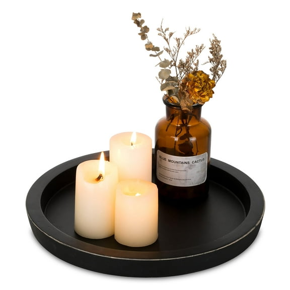 Candle Plate Holder Tray: Round Wooden Decorative Candle Plate Small Farmhouse Table Centerpiece Rustic Wood Tealight Pillar Trays for Christmas Wedding Halloween Home Decor (Black)