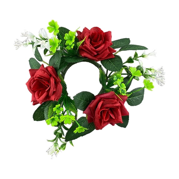 Candle Ring Rose Floral 4 Inch Artificial Silk Flower Wreath for Table Centerpiece Valentine Wedding Party Romantic Decoration Wine Red