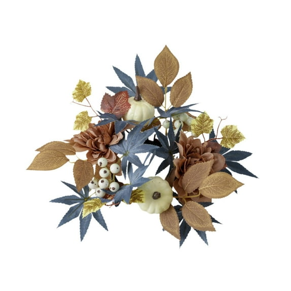 Candle Ring Wreath Garland Ornament with Fall Pumpkin and Maple Leaves for Thanksgiving Tabletop Home Decor