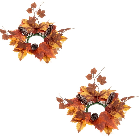 Candle Rings, Artificial Fall Maple Leaves Pine Cone Decorated, 2 Pack Seasonal Tabletop Mini Wreaths, for Thanksgiving Autumn Harvest Home Kitchen Mantel Dinner Party Candle Centerpiece Decoration