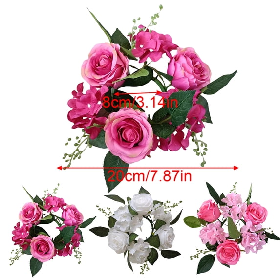 Candle Rings Flower Wreath Artificial Rose Candle Holder 7.87 in Wreath for Able Centerpieces Wedding Valentine's Day Party Decor, White