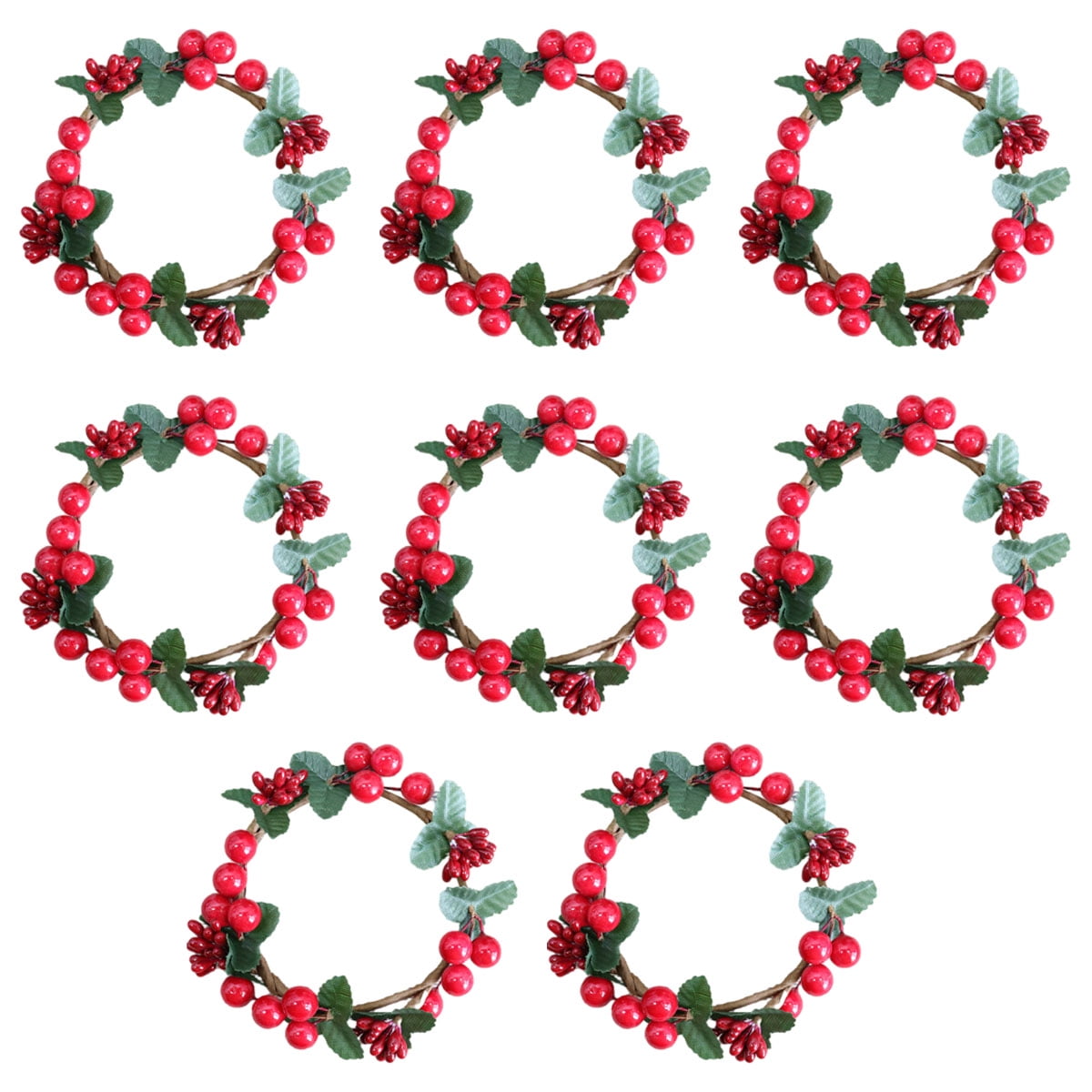 Candle Rings for Pillars, Fits 8cm Candles, Set of 8, Red Berry Wreath