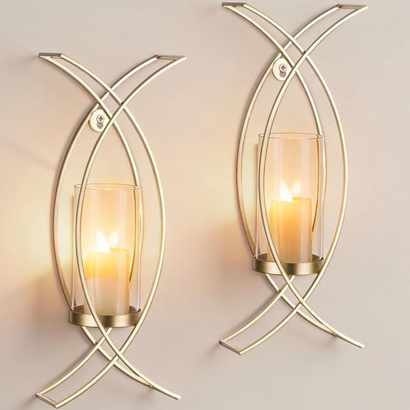 Candle Sconces Wall Decor Set of 2: Hurricane Holder Modern Metal Mounted Gold Decorations for Living Room Bedroom Bathroom Hallway Outdoor