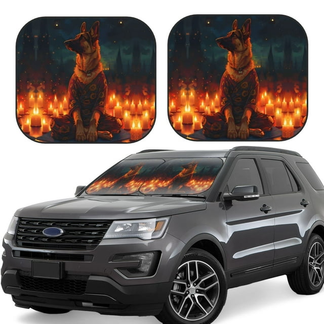 Candle Shepherd Dog Car Windshield Sun Shade, 2Piece Foldable Car Sun