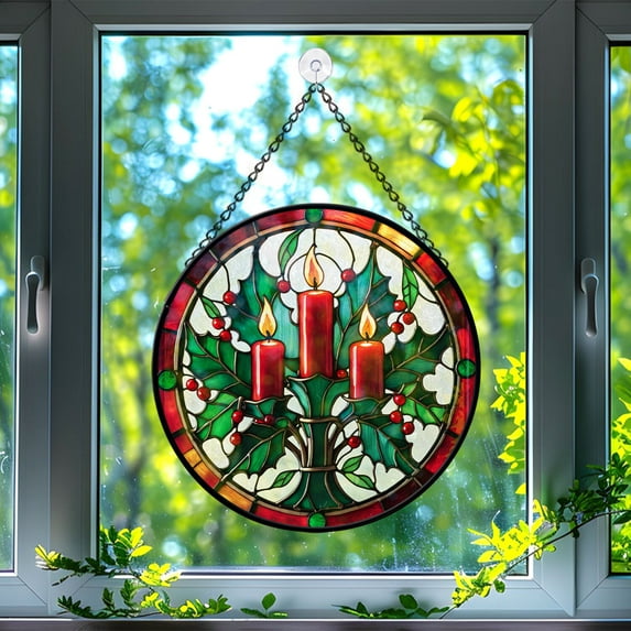Candle Stained Glass Suncatcher, Candle Glass Suncatchers for Windows For Merry Christmas