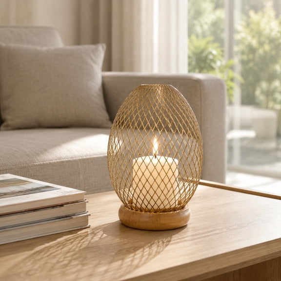 Candle Stand,Iron Mesh Lantern Candlestick Wooden Stable Base Flame Shield Enclosure,Soft Light Filter Decor For Bedroom Dining Classroom Wedding Centerpiece(Gold)