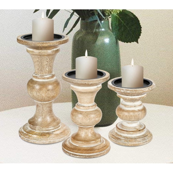 Candle Stands Wooden for Pillar Candles,Rounded Turned Colums,Sustainable Woods,Country Style,Ideal for Reiki,Aromatherapy,Votive Candle Gardens Home décor - 10,8,6 Inch Set of 3 - White Wash