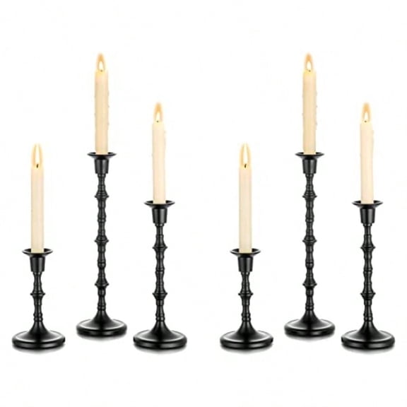 Candle Stick Holders for Halloween: Set of 6 Matte Black Taper Candlestick Holders - Bulk Antique Tall Candleholder for Fall Thanksgiving Christmas Kwanzaa Shabbat Table Fireplace Decor