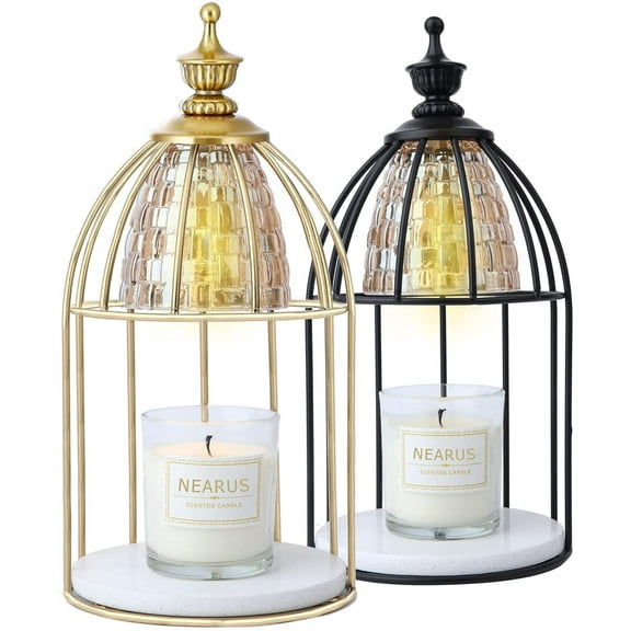 Candle Warmer Lamp, Auto Shut Off and Brightness Heat Level Control with Timer and Dimmable Switch, Top-Down Candle Melting with Marble Base and 2 Bulbs(Gold)