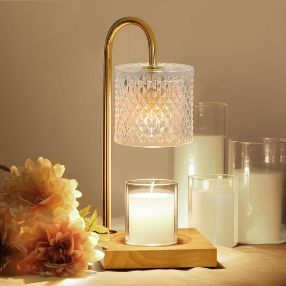 Candle Warmer Lamp, Candle Lamp Wax Warmer with 2 Bulbs, Timer & Dimmer 7-Levels, Fits Cup Jar Candle, Candle Top Melting, Crystal Candle Heater Lamp for Scented Wax, Elegant Home Decor, Brass Glass