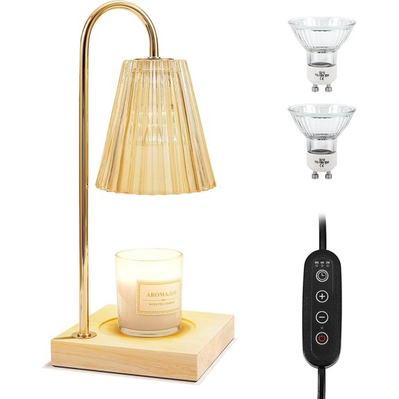 Candle Warmer Lamp, Dimmable Candle Warmer with Timer 2 Bulbs Wood Base Electric Candle Lamp Compatible with Jar Candles Vintage Candle Melter Top Melting for Scented Wax (Amber)