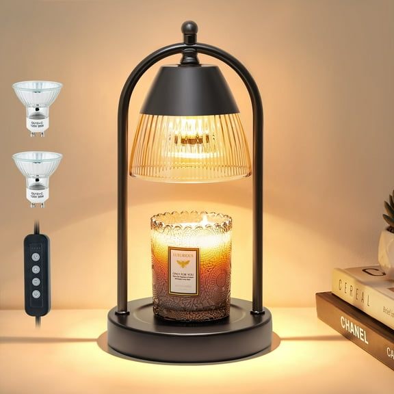 Candle Warmer Lamp with Timer, 3-Level Dimmable Candle Lamps with Glass Shade, Electric Candle Light Wax Melt Warmer for Scented Wax, Black Warmer Lamp for Women Home Decor (2 Bulbs Included)
