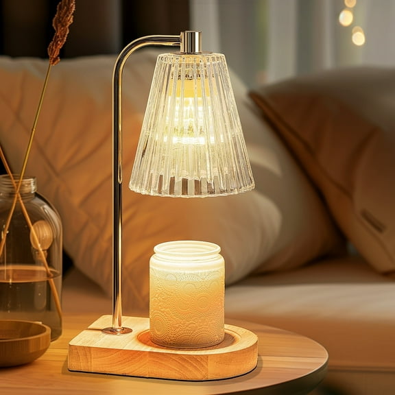 Marycele For Jar Candle Glass, Metal & Wood Candle Warmers with 1X Lamp & 2X Bulbs, Gold
