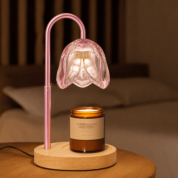 BEEPRINCESS Candle Warmer Lamp with Timer and Dimmable Light, Adjustable Height Jar Candle Warmer, Pink Glass Shade, 2 Bulbs