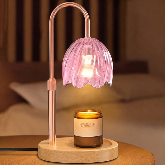 BEEPRINCESS Candle Warmer Lamp, 2/4/8H Timer, Dimmable, Adjustable Height, Pink Glass Shade, 2 Bulbs