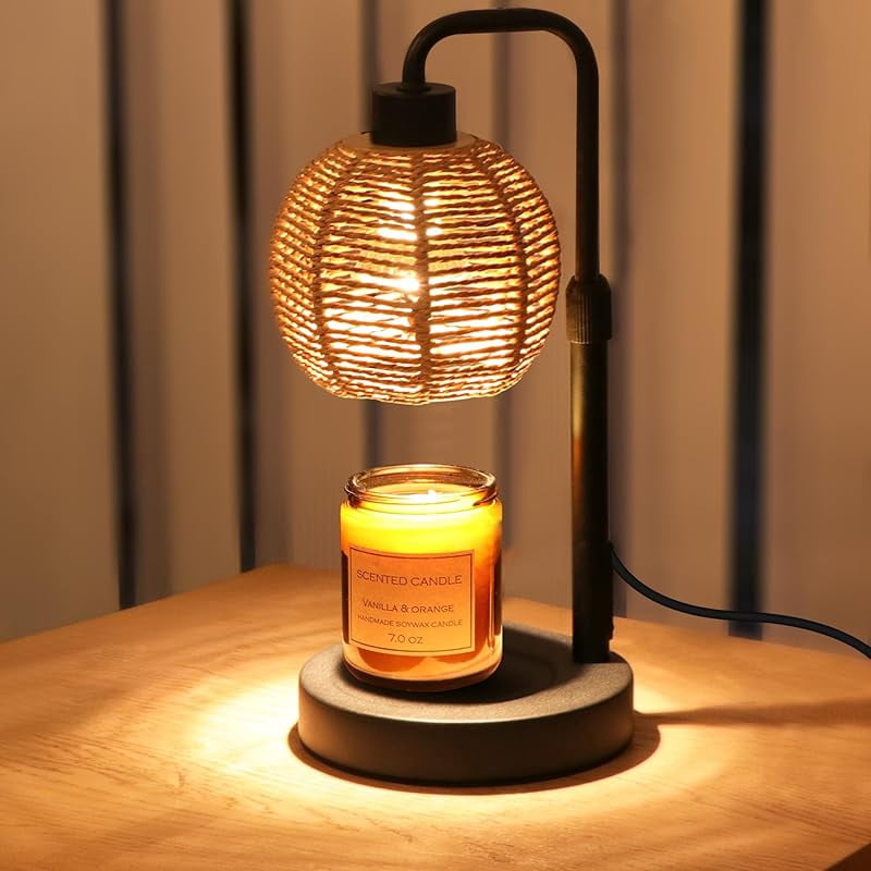 Candle Warmer Lamp With Timer & Dimmable Light - Natural Weaving Boho Style Electric Wax Warmer