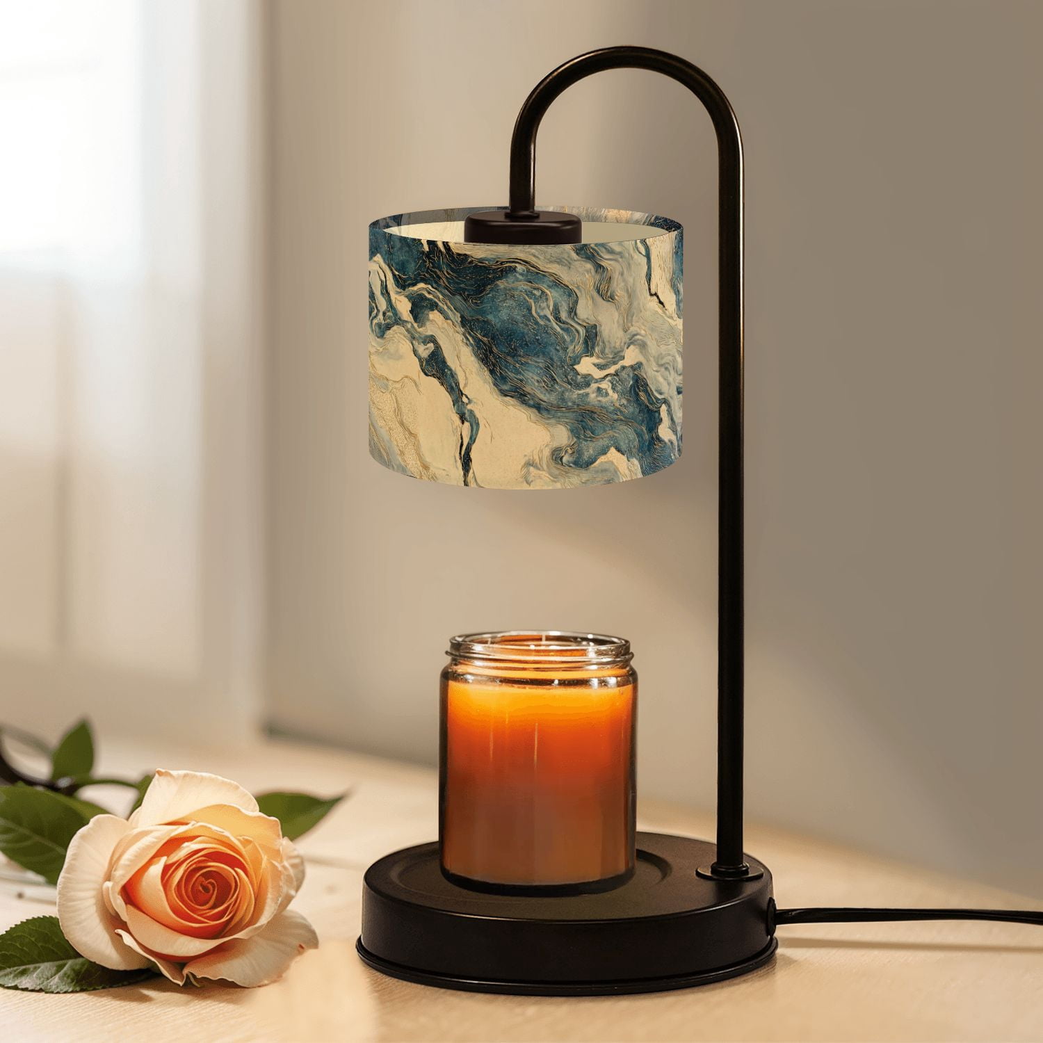 Candle Warmer Lamp with Timer Dimmer Abstract Blue Gold Marble Texture Fluid Swirls Cream Veining Candle Lamp Warmer for Jar Candle with 4 Bulbs Gifts for Women House Warming Gifts