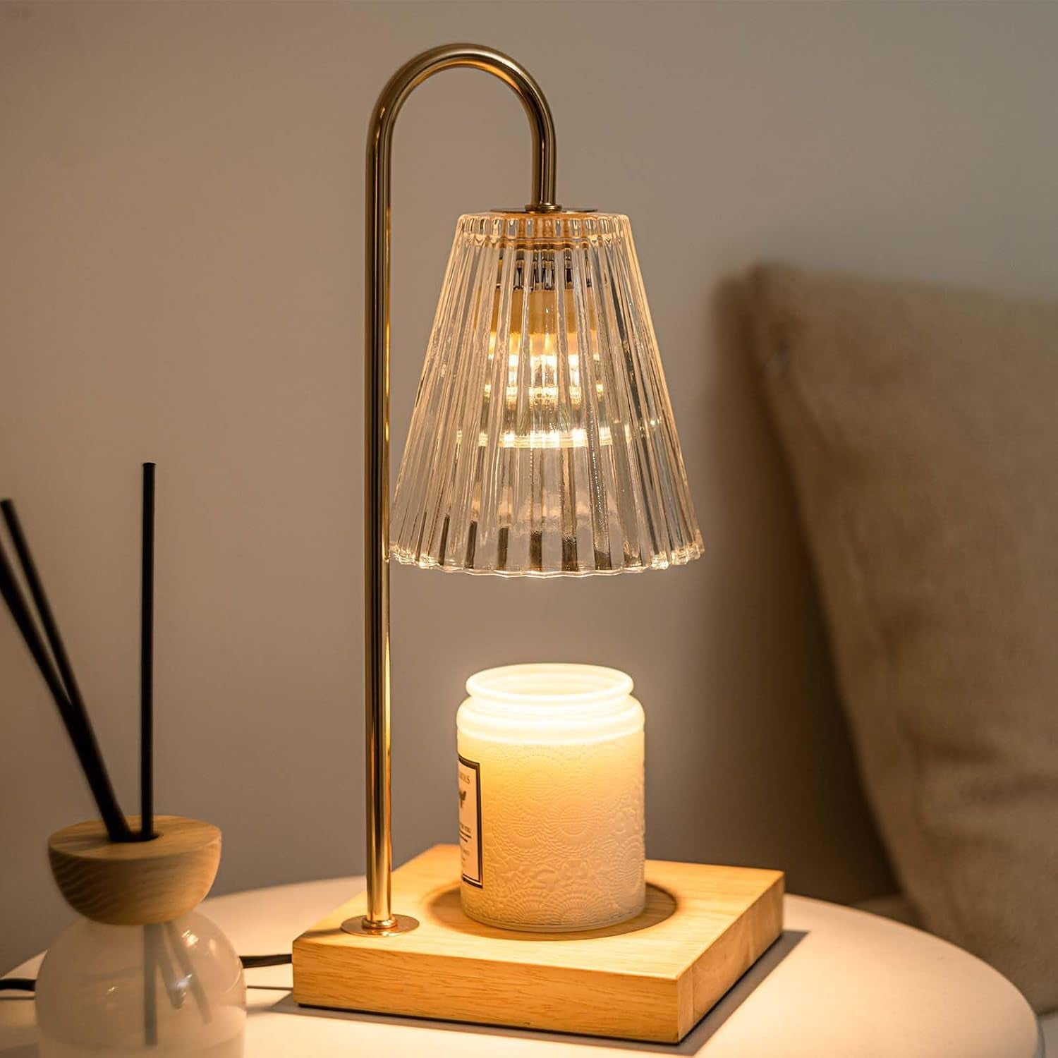 Candeldo Lampada Scalda Candela Elettrica Con Timer E Dimmer - Paralume In Vetro Floreale, Base In Legno, Sicura Senza Fiamma, Regalo Perfetto