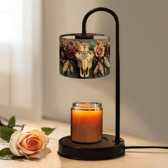 Candle Warmer Lamp with Timer Dimmer Floral Longhorn Skull Boho Roses Feathers Rustic Wood Candle Lamp Warmer for Jar Candle with 4 Bulbs Gifts for Women House Warming Gifts