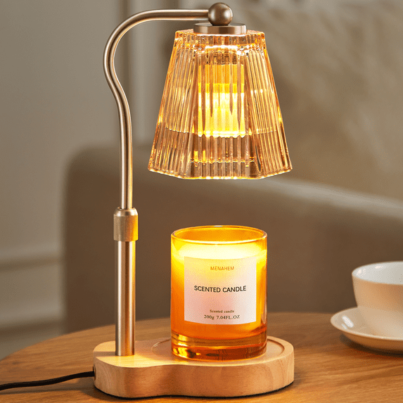 Candle Warmer Lamp with Timer and Dimmer, Height Adjustable Electric Jar Candle Warmer with Glass Shade, Wooden Base and 4 Brightness Levels, No Flame, Gold