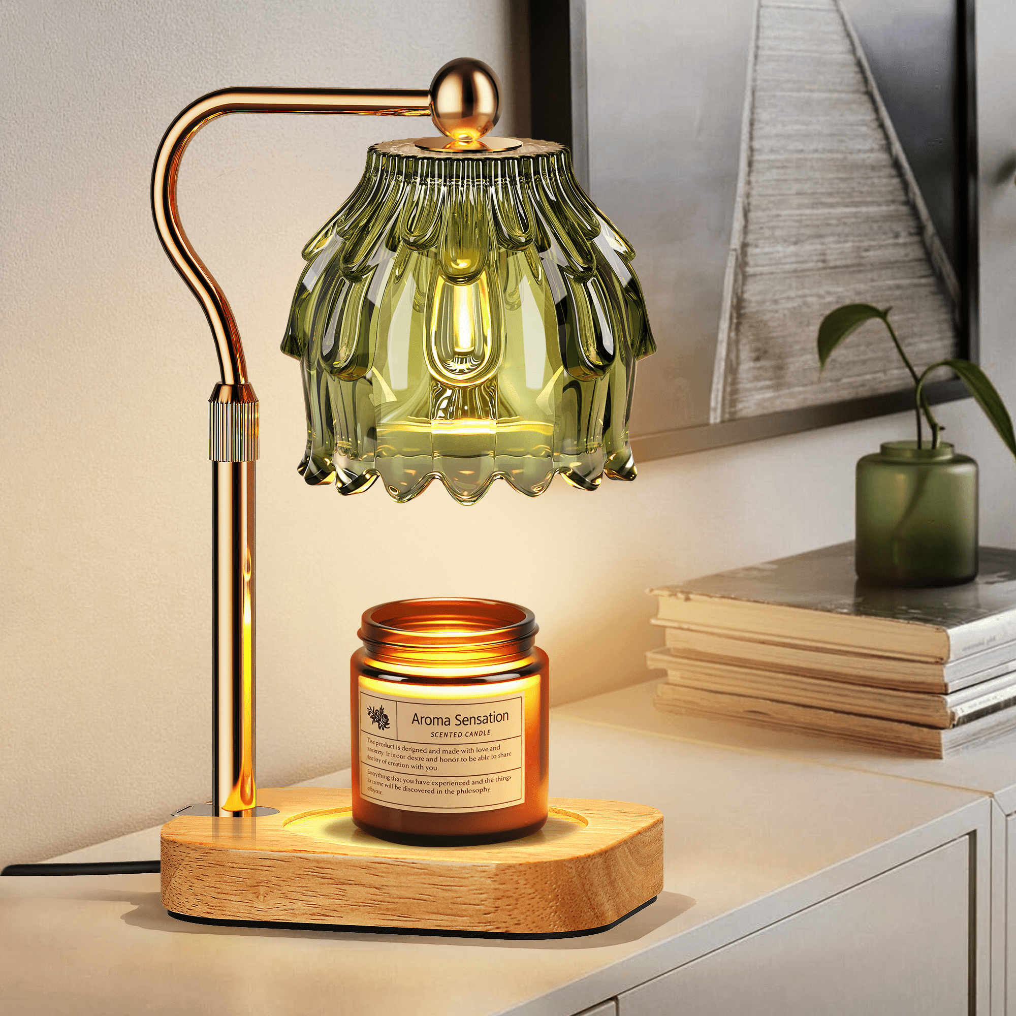 Candle Warmer Lamp with Timer Dimmer, Modern Wax Warmer for Scented Wax Jar Candle Warmer with 2 Bulbs, Adjustable Height Glass Lamp for Gifts,House Warming Gifts, Home Decor, Gold Green