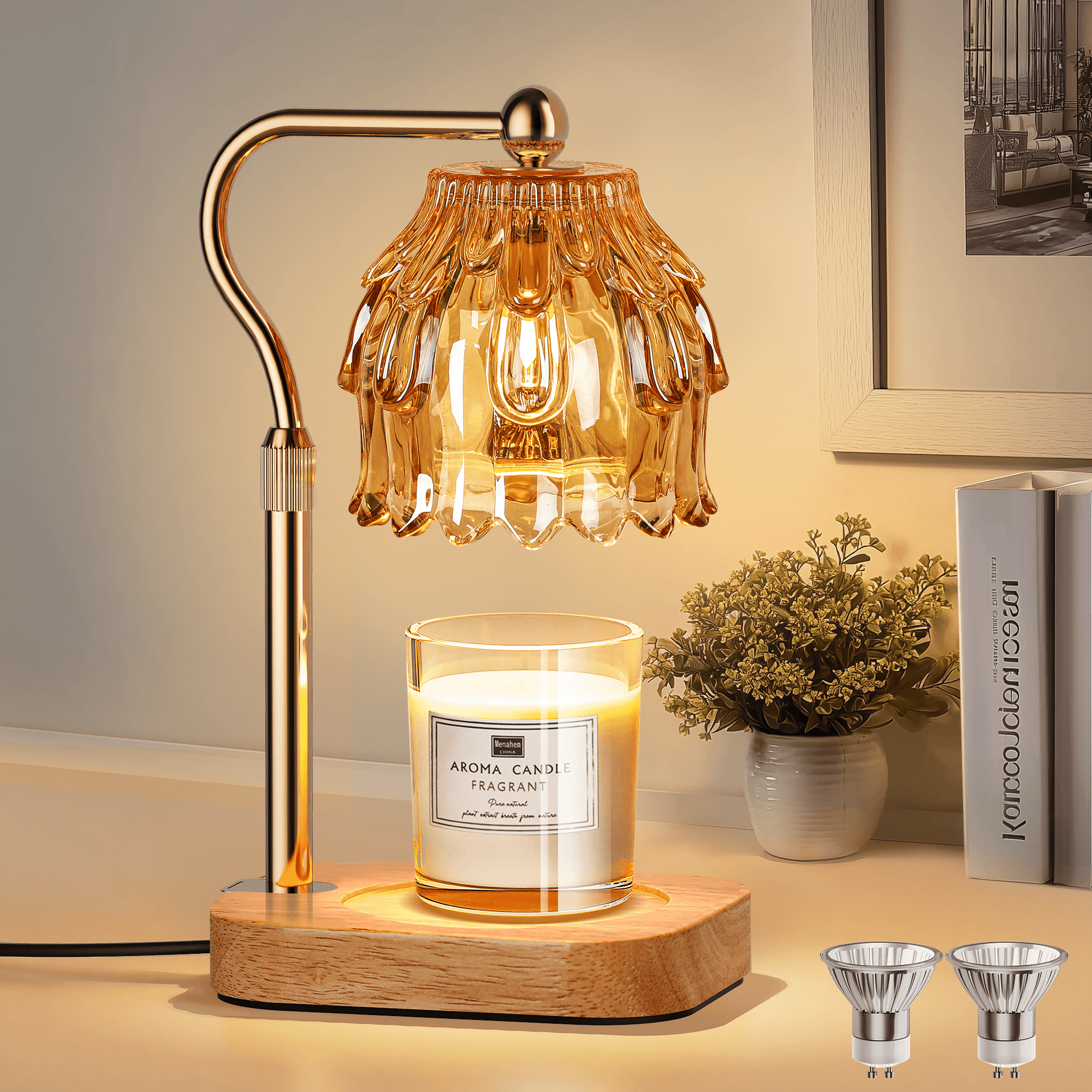Candle Warmer Lamp with Timer Dimmer, Modern Wax Warmer for Scented Wax Jar Candle Warmer with 2 Bulbs, Adjustable Height Glass Lamp for Gifts, House Warming Gifts, Home Decor, Gold Amber