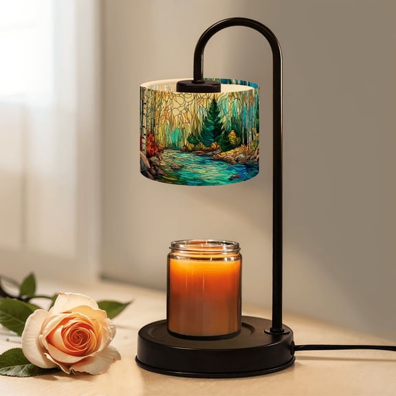 Candle Warmer Lamp with Timer Dimmer Stained Glass Style Autumn Forest Birch Trees Flowing Stream Candle Lamp Warmer for Jar Candle with 4 Bulbs Gifts for Women House Warming Gifts