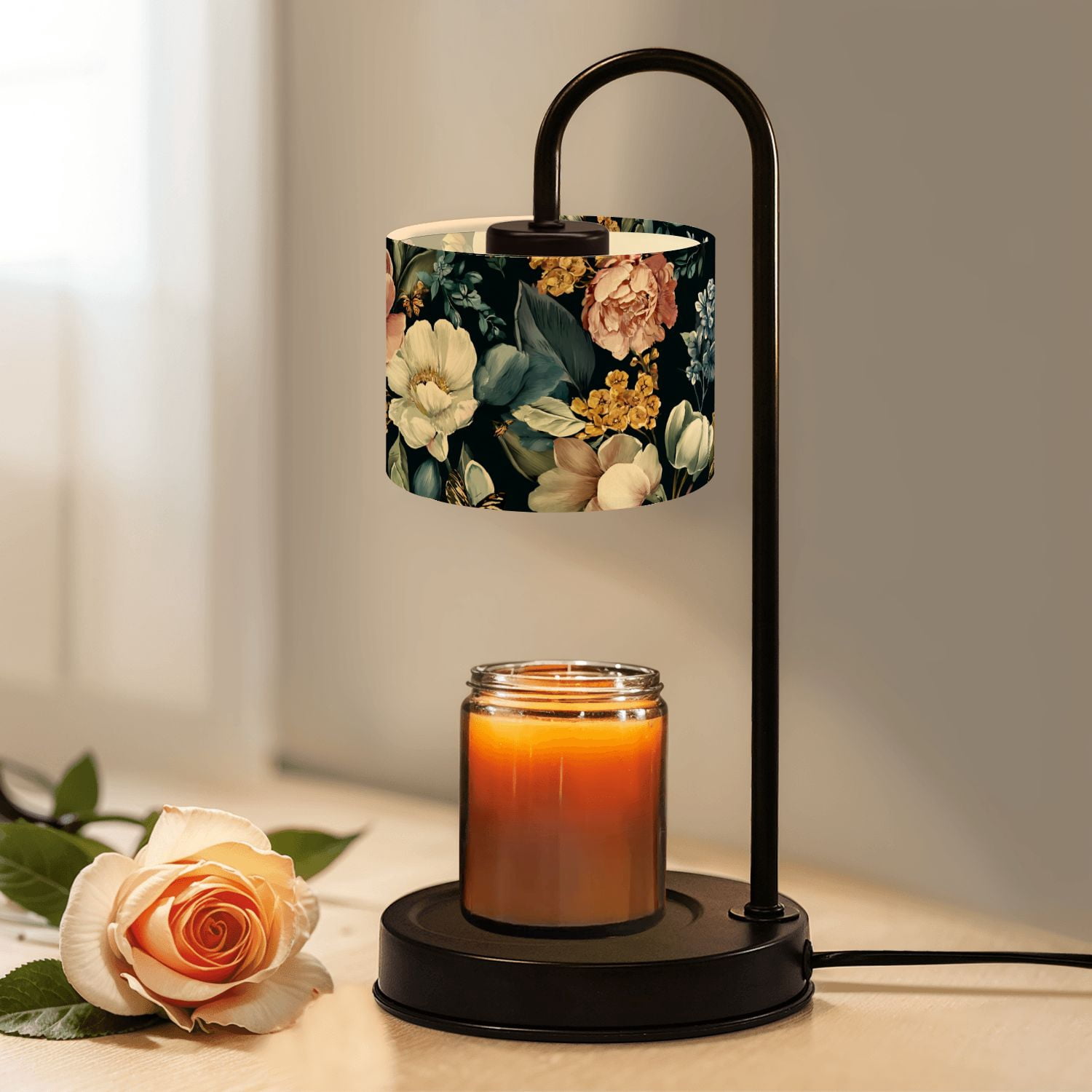 Candle Warmer Lamp with Timer Dimmer watercolor floral pink blush flowers green leaves Summer Decor Candle Lamp Warmer for Jar Candle with 4 Bulbs Gifts for Women House Warming Gifts