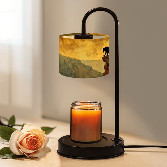 Candle Warmer Lamp with Timer, Dynamic Bear Cub Strolling Cliff Dramatic Golden Sky Non-slip Wireless Remote Control Wax Melts Warmer with 4 Bulbs for Home Office Dorm, Birthday Gifts for Women