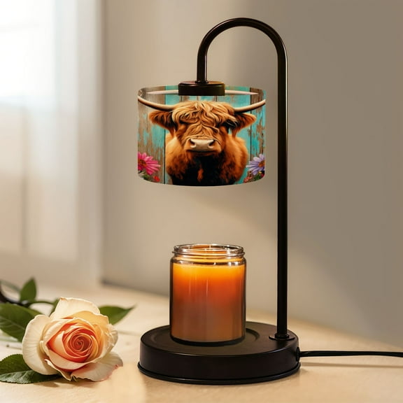 Candle Warmer Lamp with Timer, Highland Cow Rustic Brown Farm Watercolor Fluffy Long Non-slip Wireless Remote Control Wax Melts Warmer with 4 Bulbs for Home Office Dorm, Birthday Gifts for Women