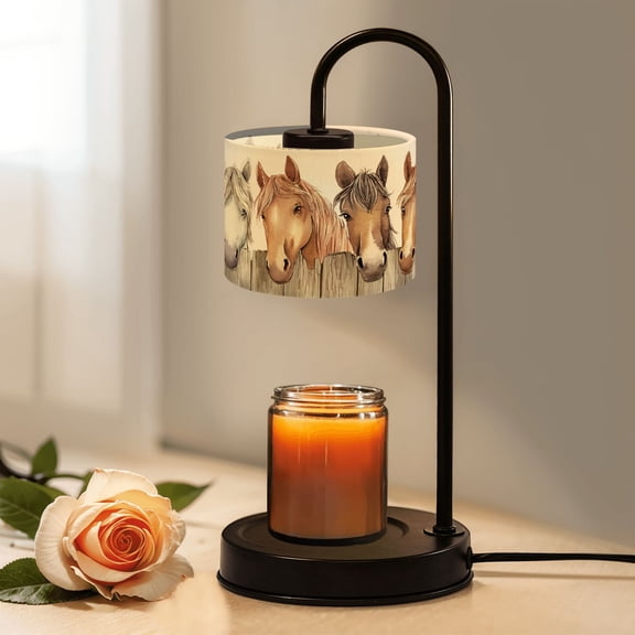 Candle Warmer Lamp with Timer, Horse Heads Wooden Fence Floral Accents Soft Watercolor Non-slip Wireless Remote Control Wax Melts Warmer with 4 Bulbs for Home Office Dorm, Birthday Gifts for Women