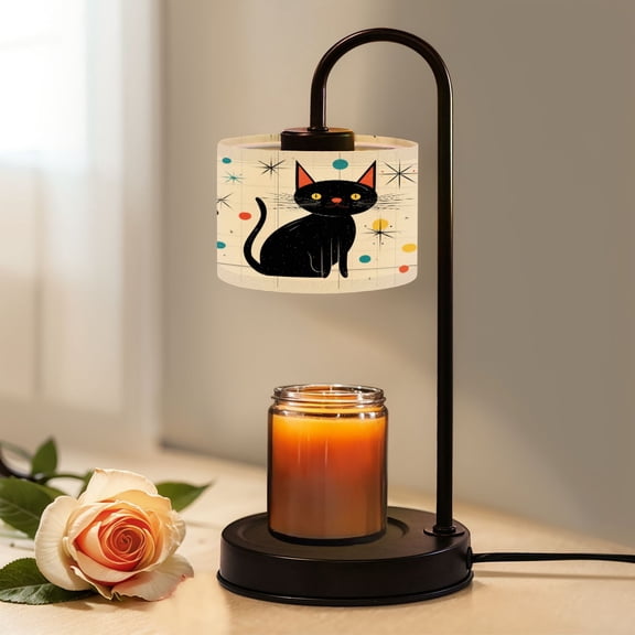 Candle Warmer Lamp with Timer, Mid Century Black Cat Retro Stars Abstract Cute Animal Non-slip Wireless Remote Control Wax Melts Warmer with 4 Bulbs for Home Office Dorm, Birthday Gifts for Women