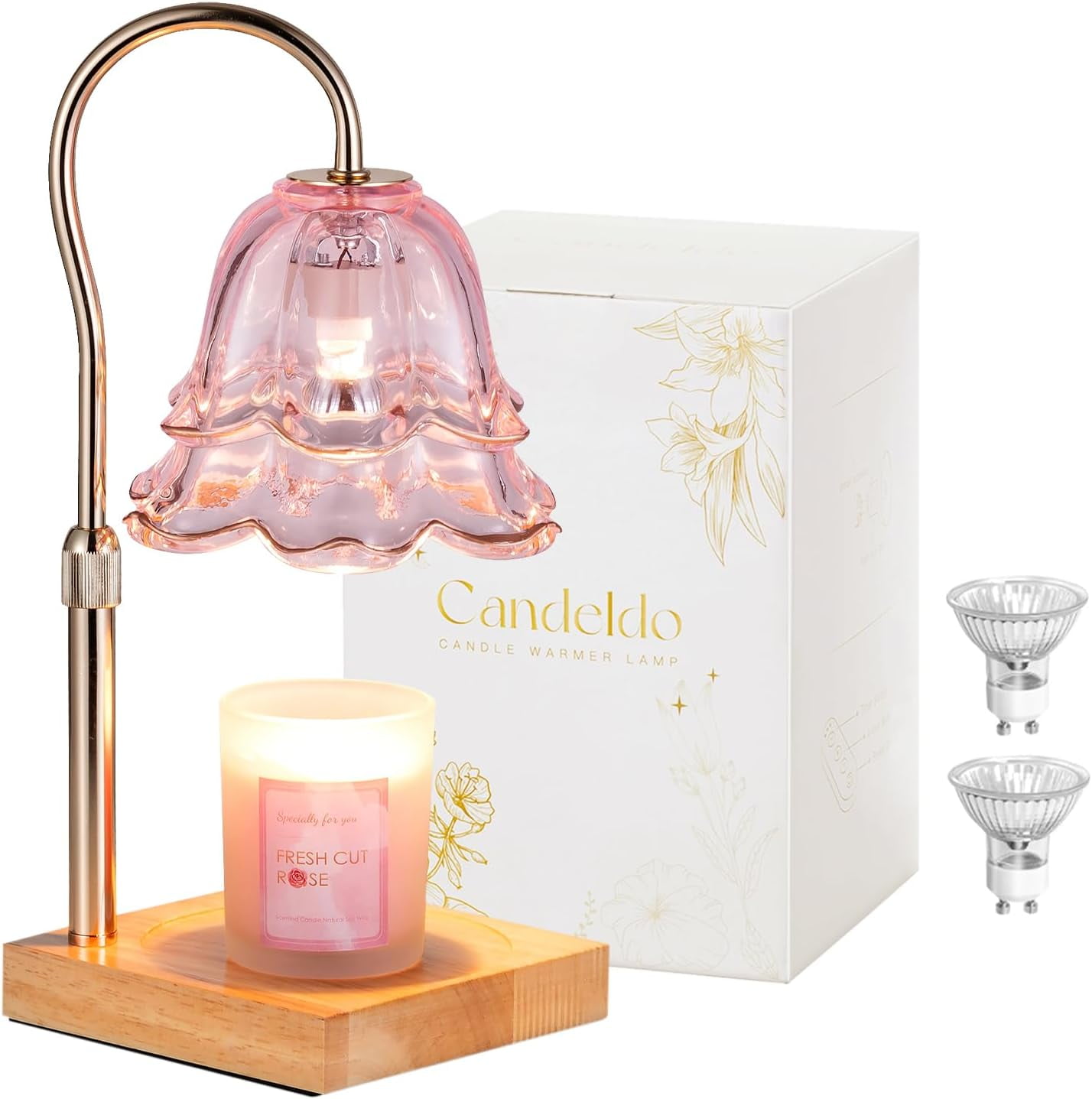 Candeldo flower-shade candle warmer lamp with pink glass and wood base