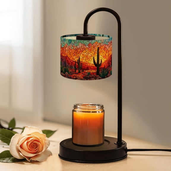Candle Warmer Lamp with Timer, Rustic Stained Glass Desert Scene Wooden Frame Non-slip Wireless Remote Control Wax Melts Warmer with 4 Bulbs for Home Office Dorm, Birthday Gifts for Women