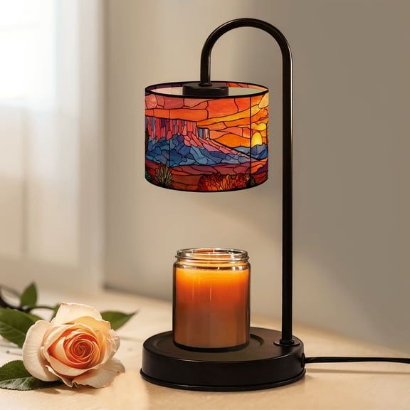 Candle Warmer Lamp with Timer, Stunning Stained Glass Window Desert Landscape Sunset Non-slip Wireless Remote Control Wax Melts Warmer with 4 Bulbs for Home Office Dorm, Birthday Gifts for Women