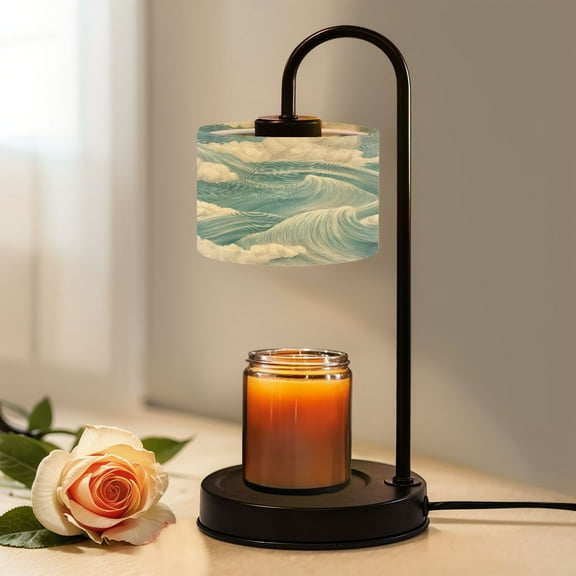 Candle Warmer Lamp with Timer, Stylized Ocean Waves Soft Clouds Blue Cream Tones Non-slip Wireless Remote Control Wax Melts Warmer with 4 Bulbs for Home Office Dorm, Birthday Gifts for Women
