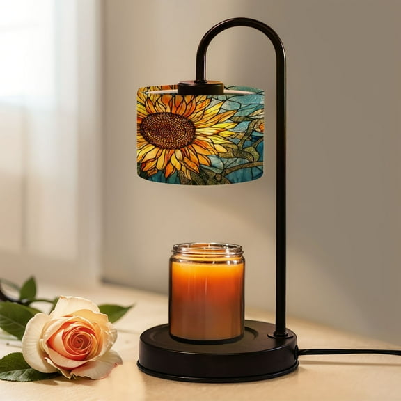 Candle Warmer Lamp with Timer, Sunflower Stained Glass for Windows Home Decor Non-slip Wireless Remote Control Wax Melts Warmer with 4 Bulbs for Home Office Dorm, Birthday Gifts for Women