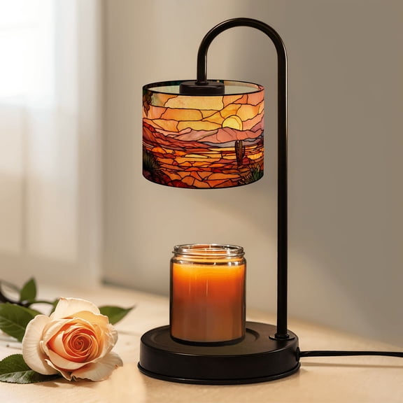 Candle Warmer Lamp with Timer, Vibrant Stained Glass Window Warm Golden Sunset Non-slip Wireless Remote Control Wax Melts Warmer with 4 Bulbs for Home Office Dorm, Birthday Gifts for Women