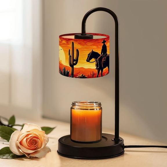 Candle Warmer Lamp with Timer, Western Cowboy Horseback Sunset Desert Landscape Cactus Non-slip Wireless Remote Control Wax Melts Warmer with 4 Bulbs for Home Office Dorm, Birthday Gifts for Women
