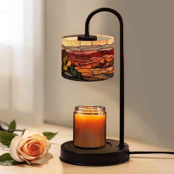 Candle Warmer Lamp with Timer, Western Desert Landscape Stained Glass Cactus Sunset Non-slip Wireless Remote Control Wax Melts Warmer with 4 Bulbs for Home Office Dorm, Birthday Gifts for Women