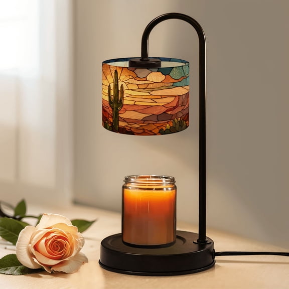Candle Warmer Lamp with Timer, Western Desert Stained Glass Art Featuring Golden Sun Non-slip Wireless Remote Control Wax Melts Warmer with 4 Bulbs for Home Office Dorm, Birthday Gifts for Women