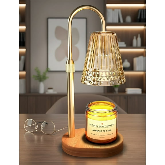 Candle Warmer Lamp with Timer & Dimmer, Adjustable Height - Golden Glass Shade