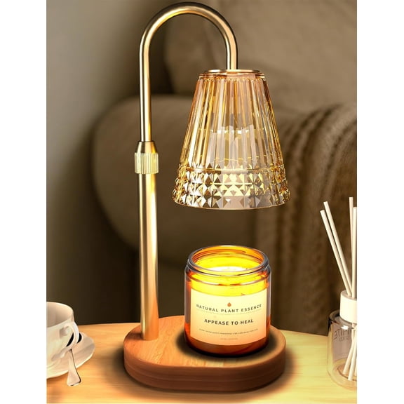 Candle Warmer Lamp with Timer & Dimmer, Adjustable Height - Golden Glass Shade